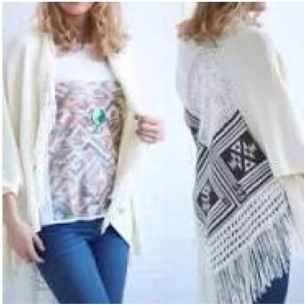 House of Harlow 1960 Crochet Knit Open Front Cardigan Cream Black Boho One Size